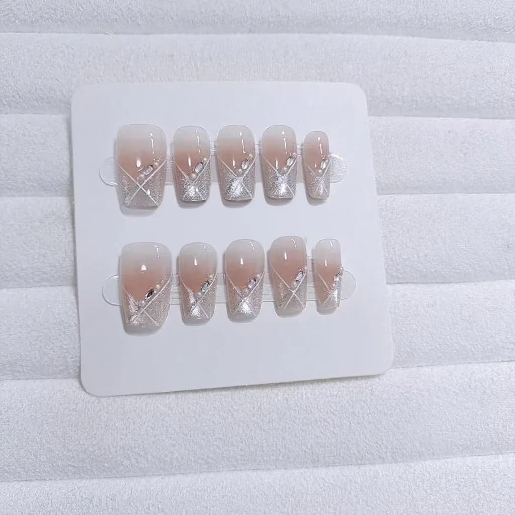 Cat Eye Press-On Nails Short Coffin Blush Pink Sweet Style 10 Pieces