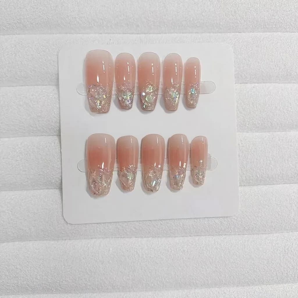 Press-On Nails Short Medium Coffin Glitter Rhinestone Blush Pink Set