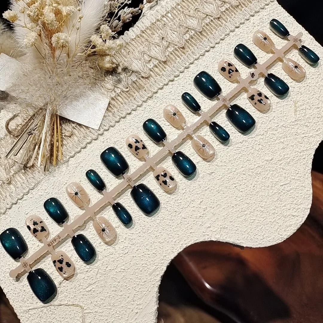 Dark Green Cat Eye Press On Nails Short Ballerina Shape