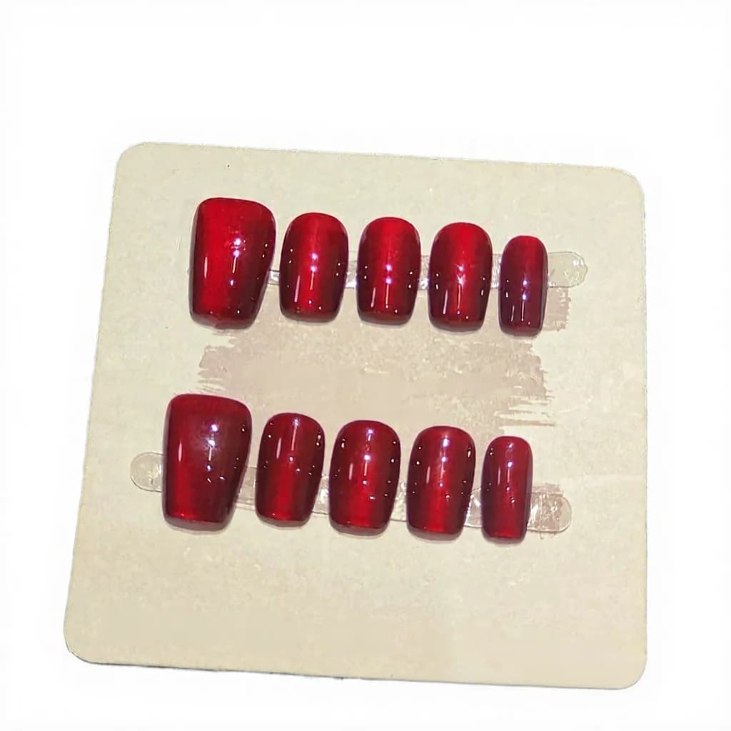 Red Cat Eye Press On Nails Short Square Glitter Manicure Set