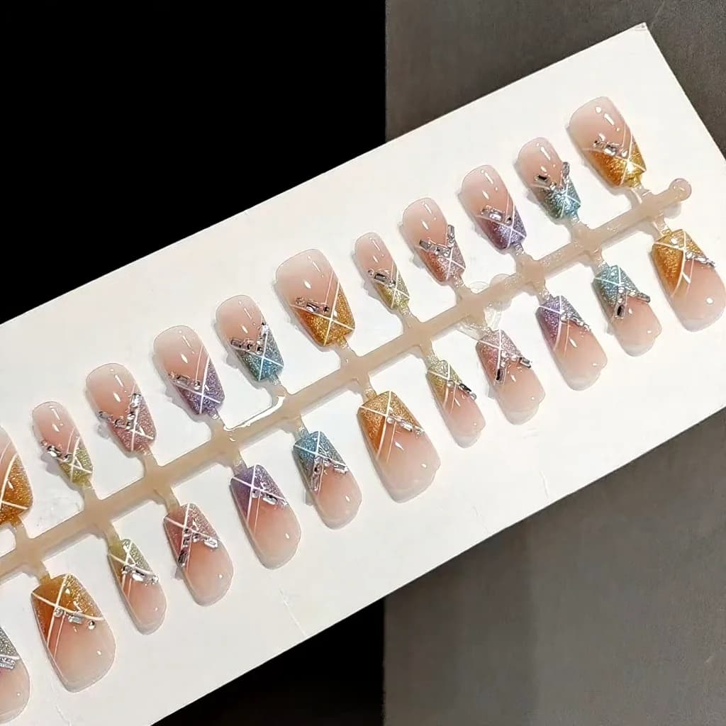Candy Party Press-On Nails Short Square Rainbow Cat Eye Rhinestone