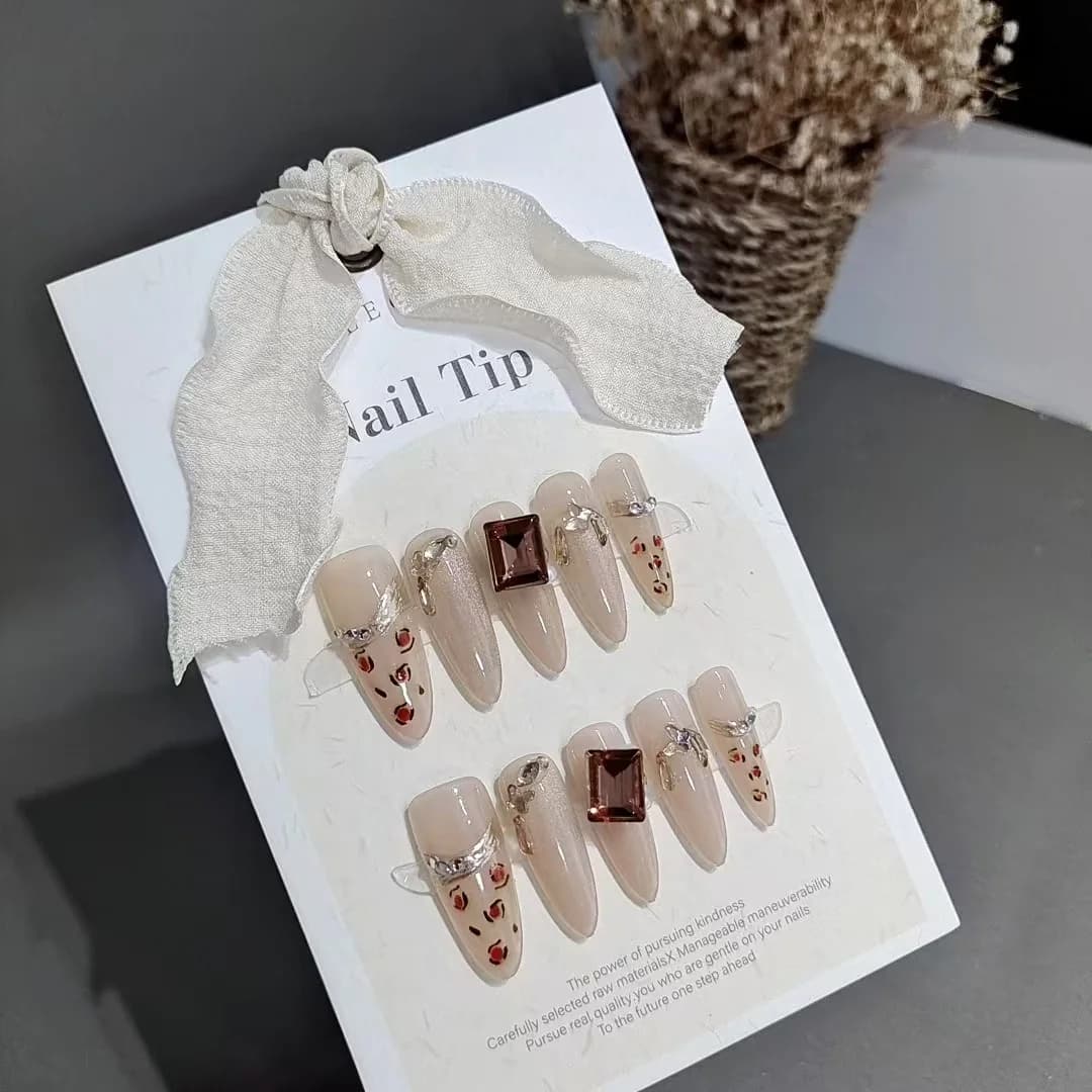 Leopard Print Press On Nails with Rhinestones Long Stiletto Shape
