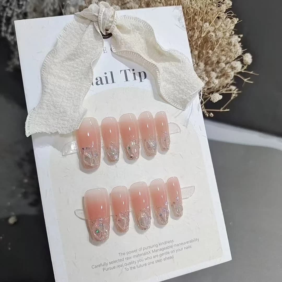 Press-On Nails Short Medium Coffin Glitter Rhinestone Blush Pink Set