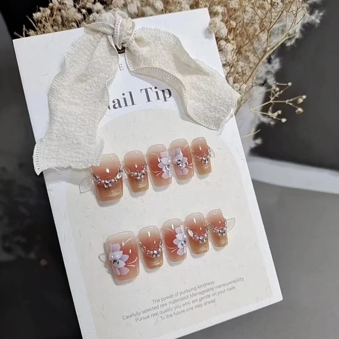 Floral Cat Eye Press On Nails with Star Design