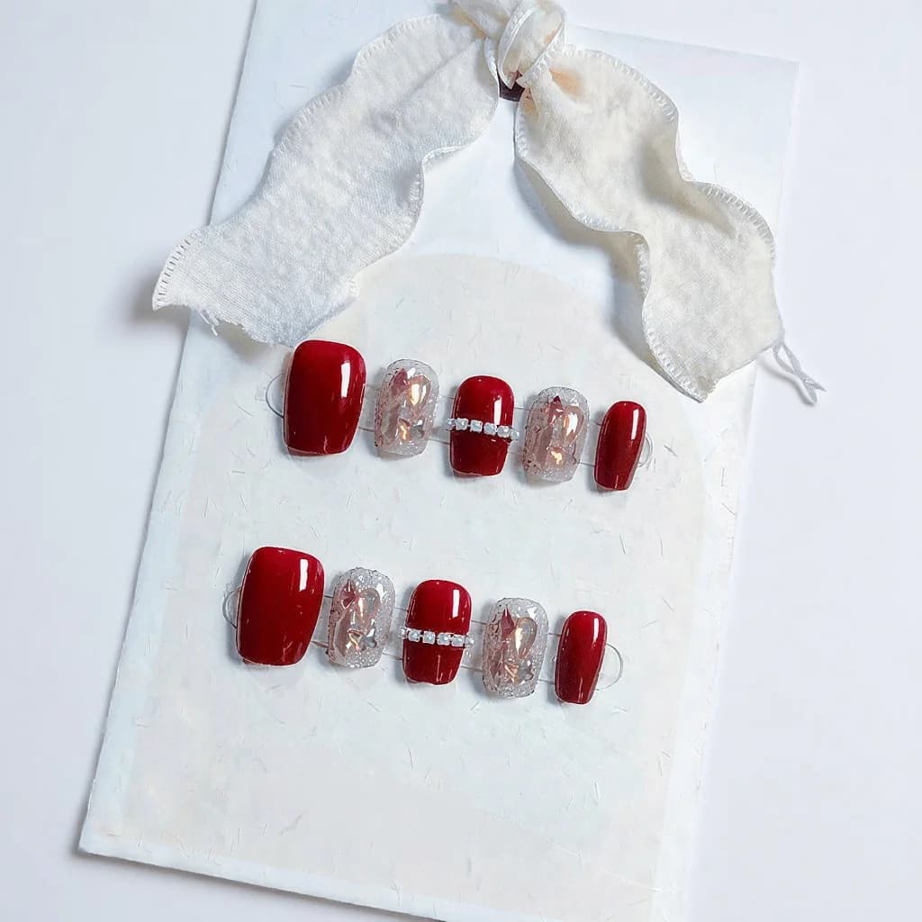 Red Press-On Nails with Chain and Aurora Rhinestones, Short Ballerina Shape