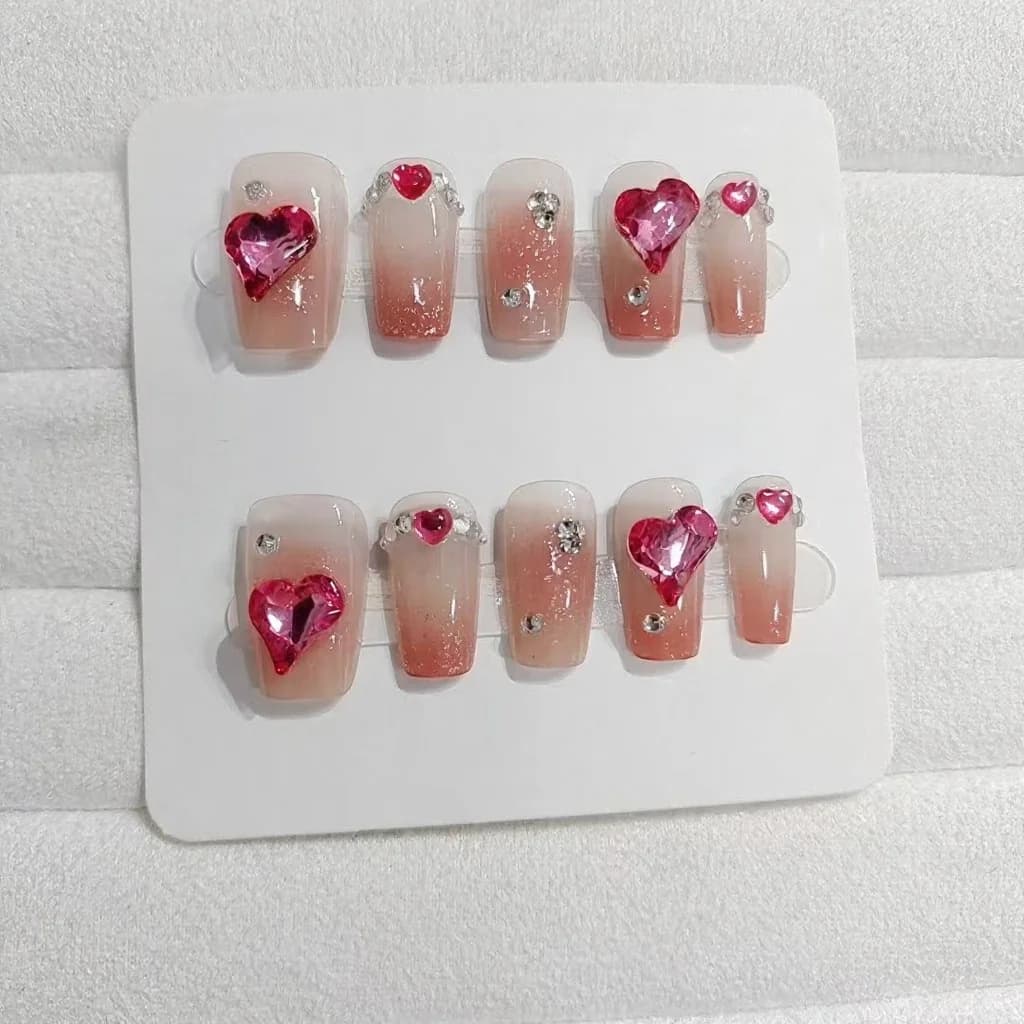 Rose Pink Press-On Nails with Heart Rhinestones, 30 Pieces