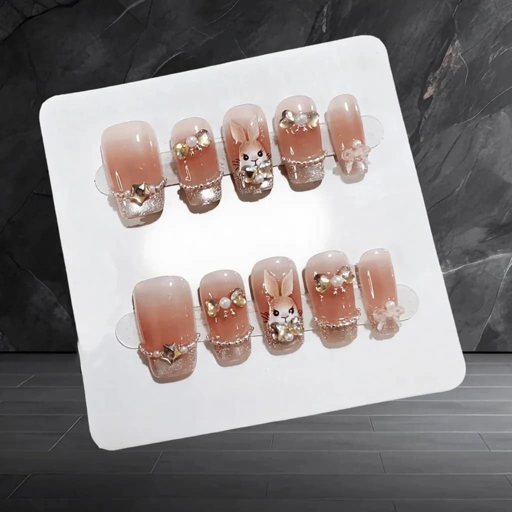 Press-On Nails with Cat Eye Glitter, Gem Rabbit Design, Short Coffin Shape