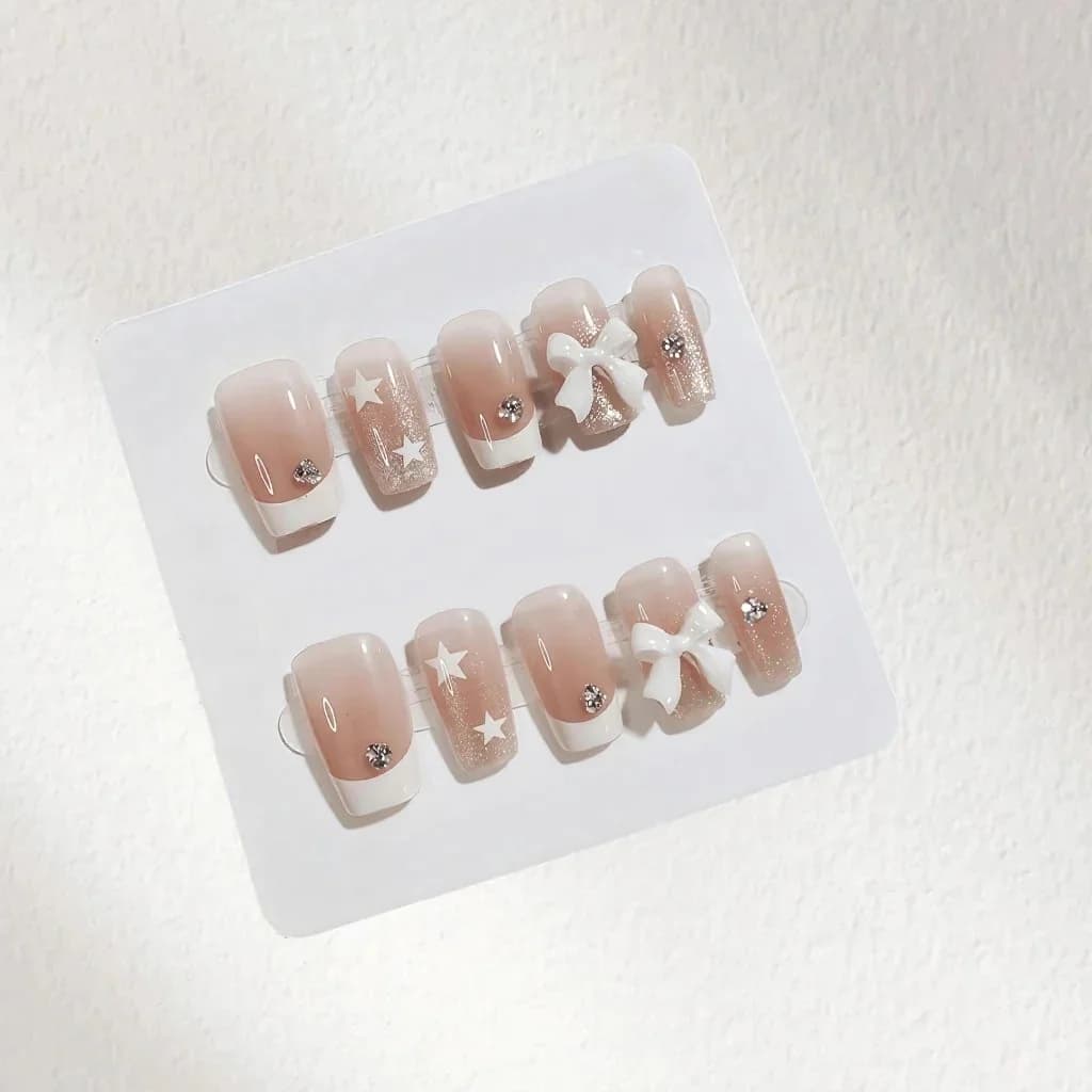 Press-On Nails French Tip with Rhinestones and Bow Design, Short Square Shape