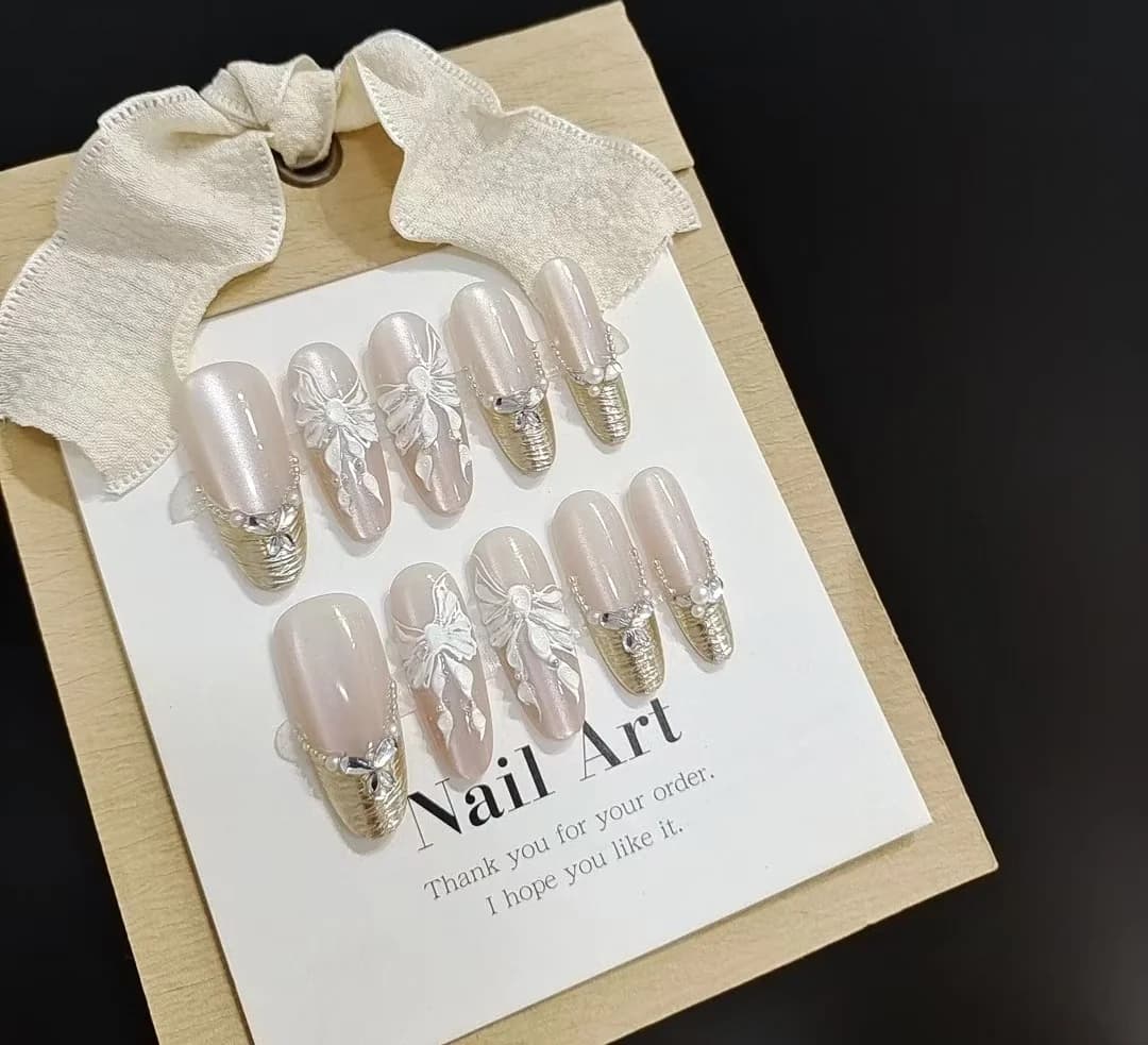 Press-On Nails with 3D Butterflies and Flowers, Long Stiletto Shape