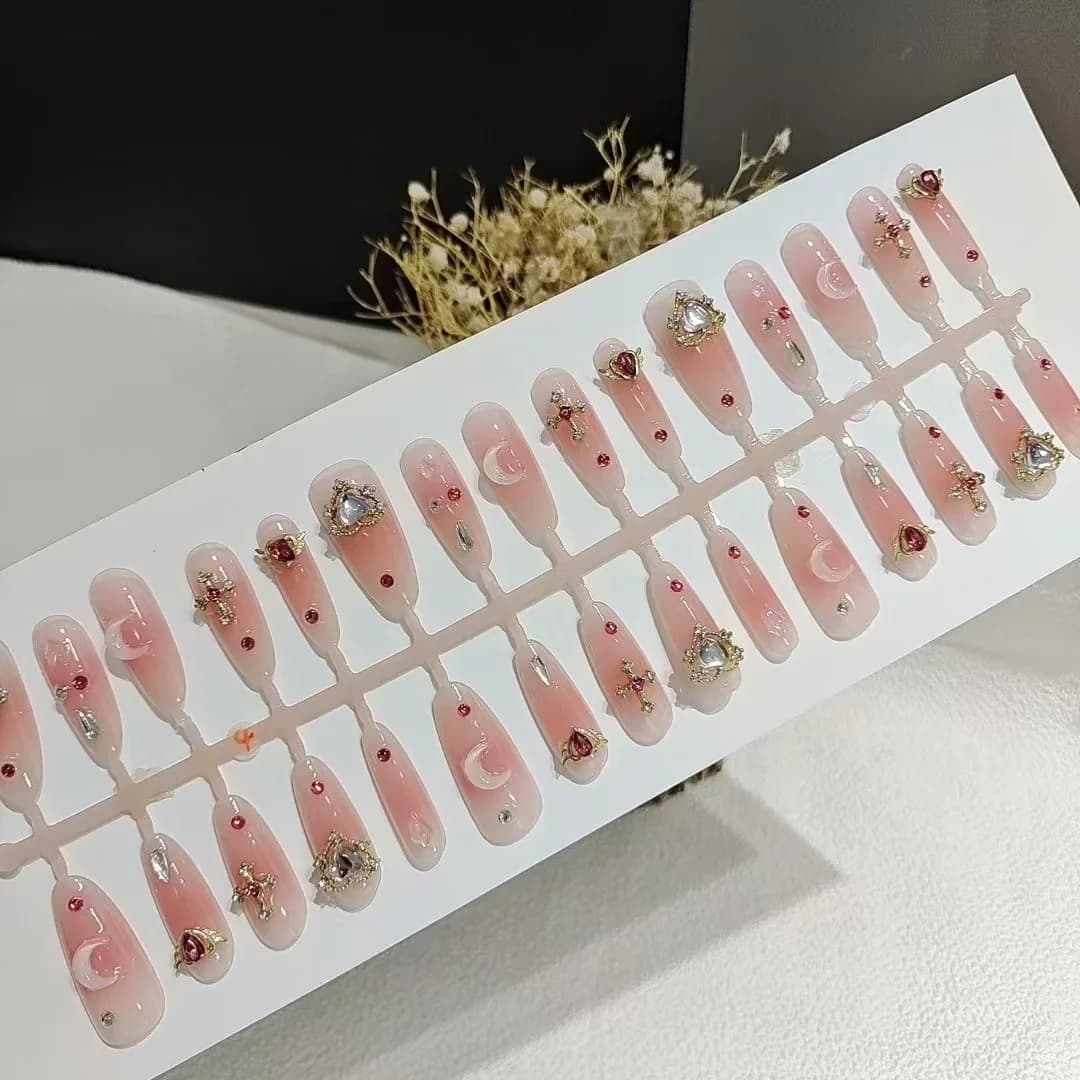 Press-On Nails with Rhinestones Long Stiletto Shape 30 Pieces