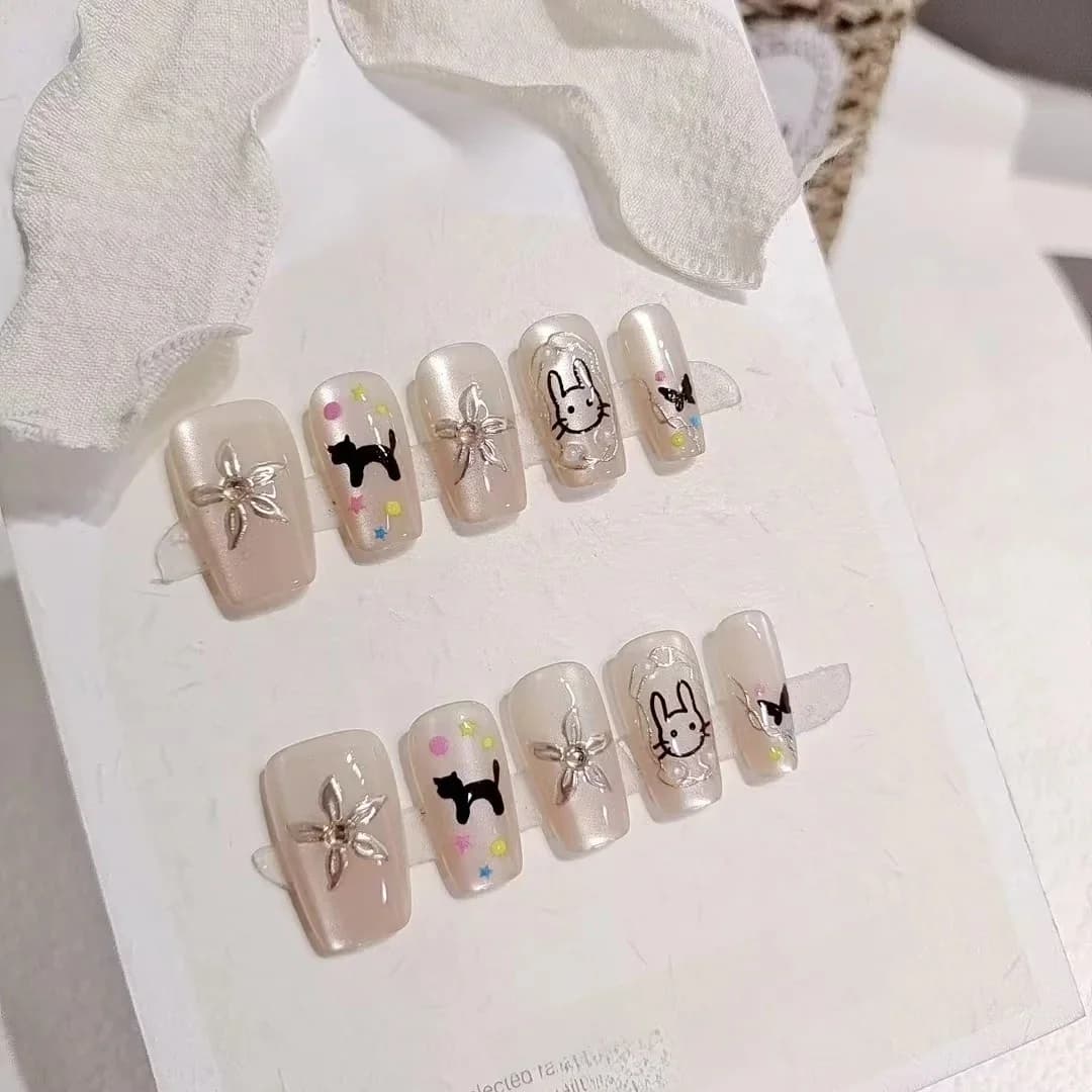 Cute Black Cat and Rabbit Press-On Nails, Short Coffin Shape