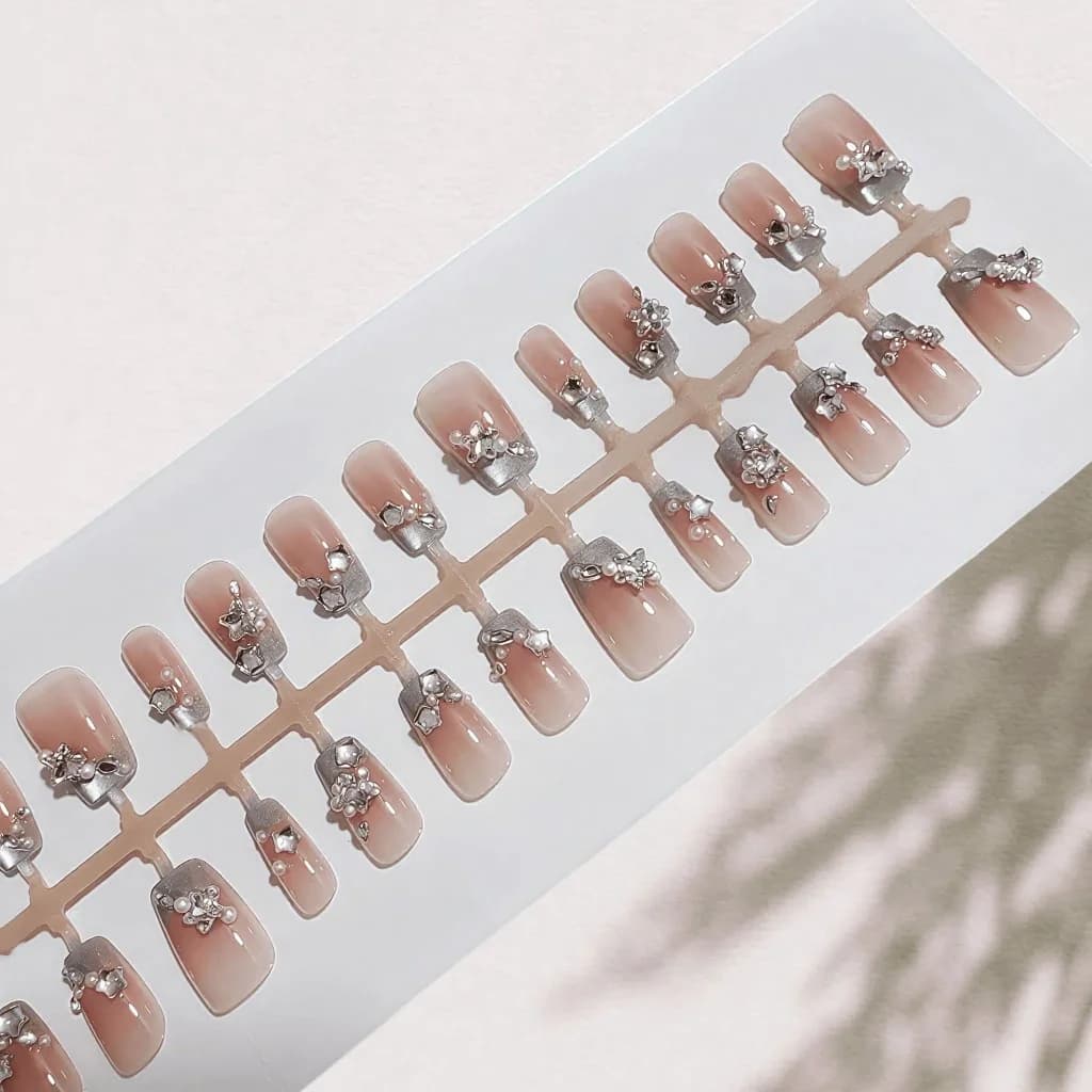 Blue Rose French Tip Press On Nails With Pearls And Rhinestones