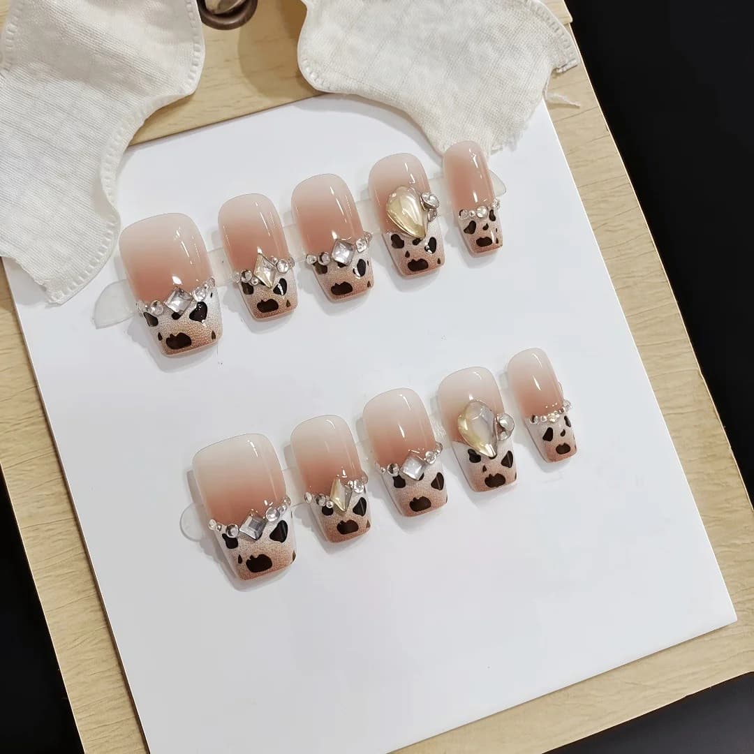 Cheese Leopard Print Press-On Nails with Rhinestones Short Coffin Shape