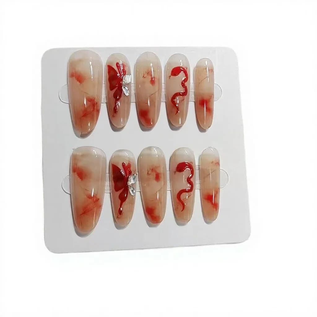 Handmade Press-On Nails Butterfly and Snake Design Long Almond Shape