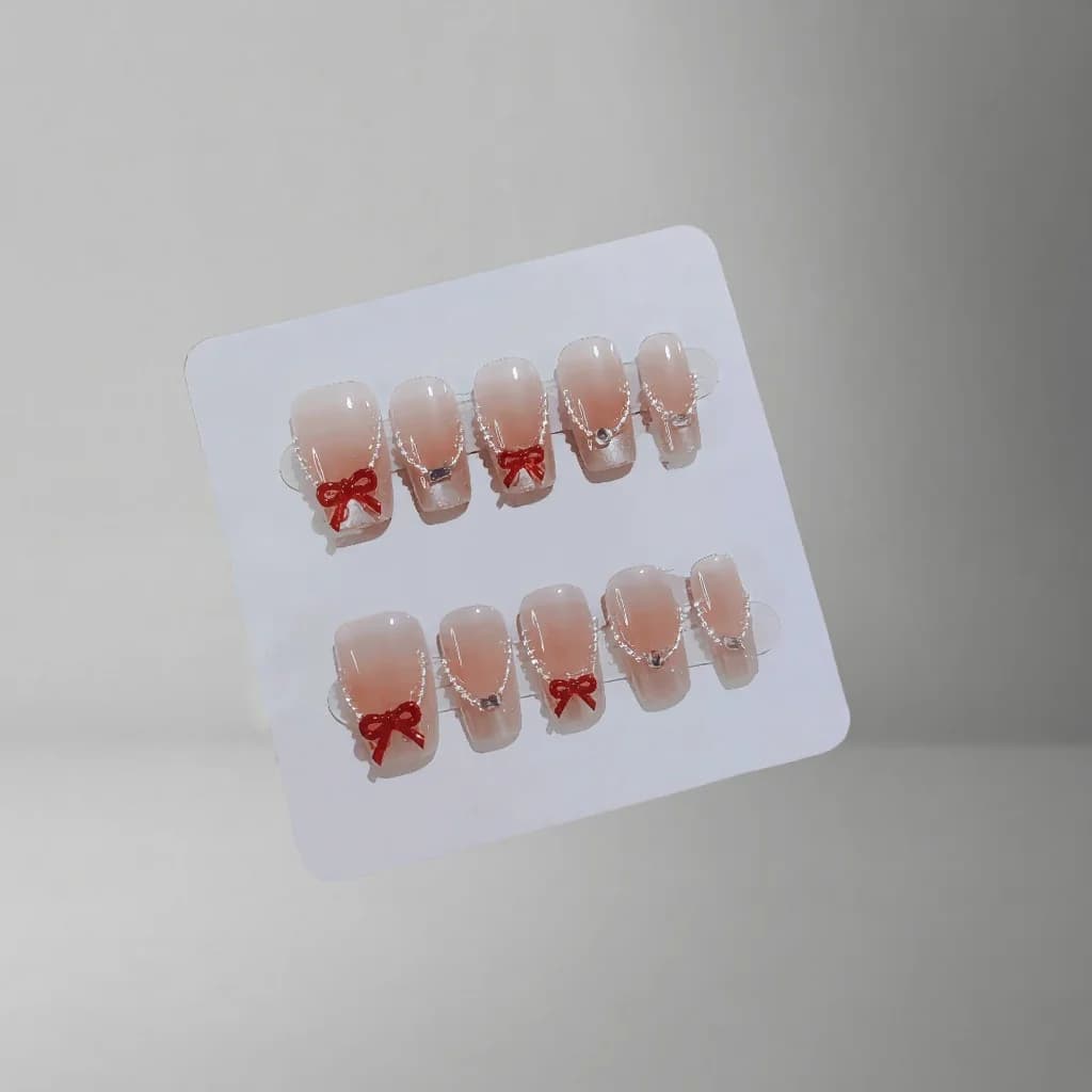 Press-On Nails Short Coffin Cat Eye Butterfly Bow Rhinestone
