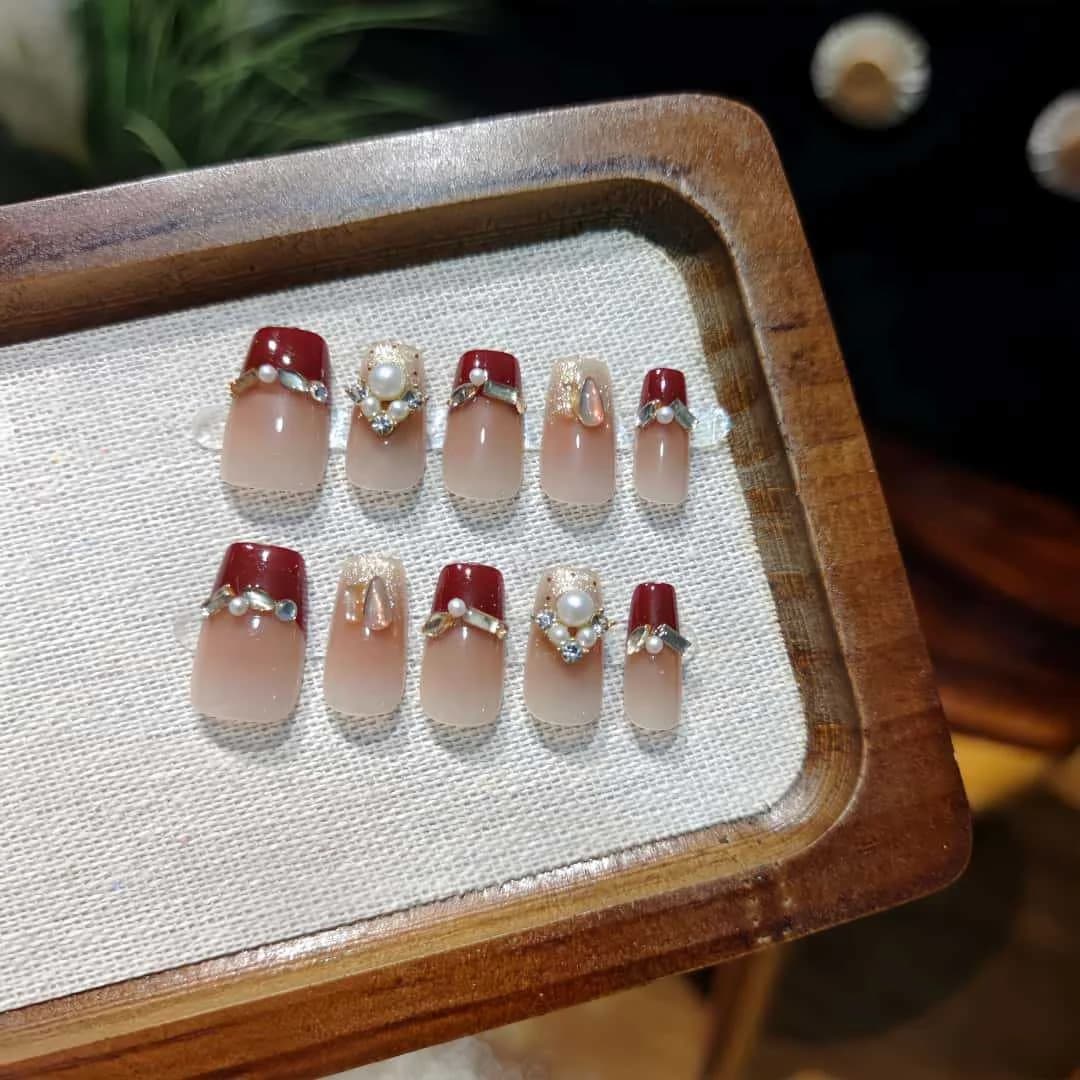Red Pearl Press On Nails Short Coffin French Tip Glitter