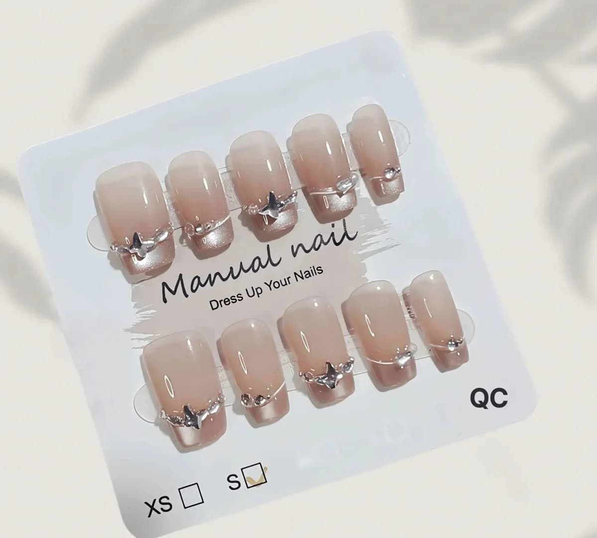 French Tip Press-On Nails with Butterfly Rhinestones and Cat Eye Effect