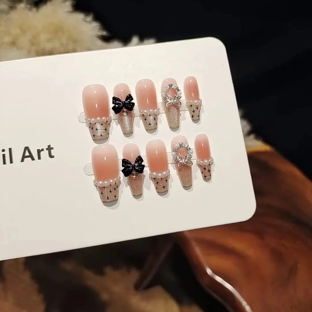Black Butterfly Pink Tulle Press-On Nails with Bow Design