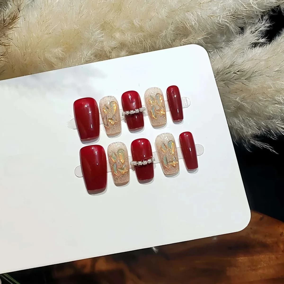Red Short Square Press On Nails with Aurora Rhinestines
