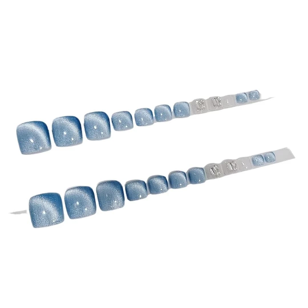 Light Blue Cat Eye Press-On Toenails Short Length Summer Style