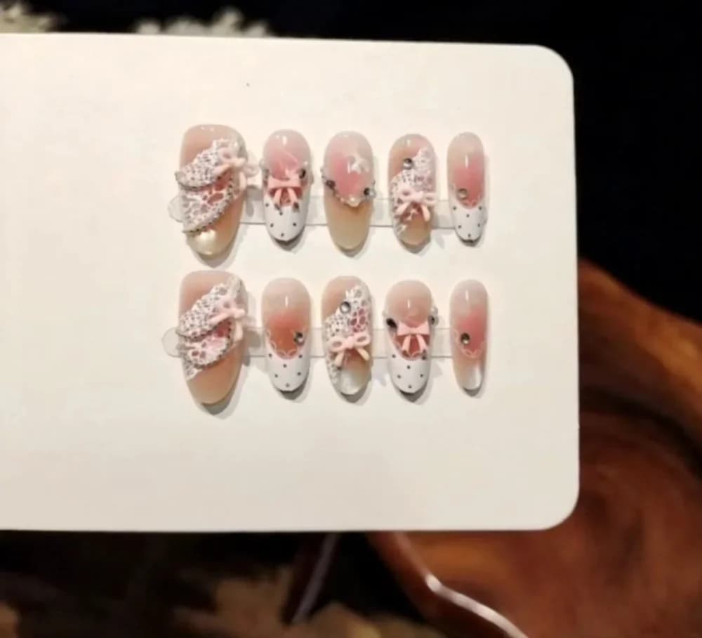 Pink Satin Cat Eye Press-On Nails with Bow and Rhinestones