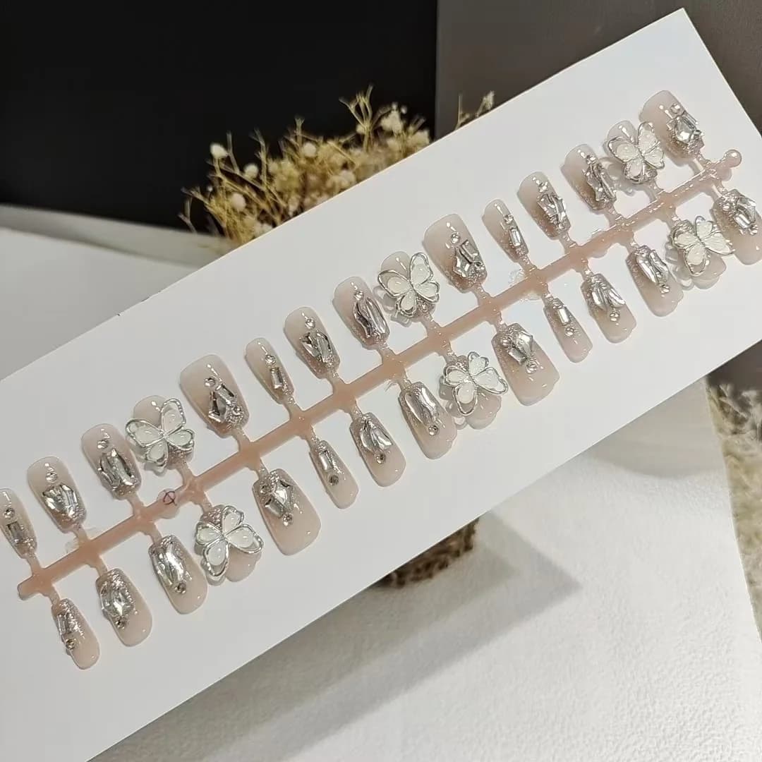 Press-On Nails with Jade Butterfly Design, Short and Medium Coffin Shapes