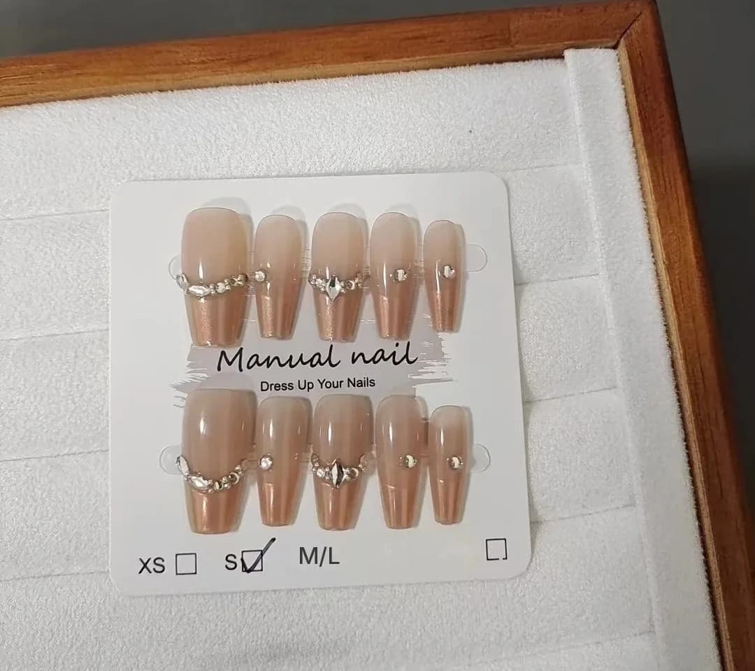 Press-On Nails French Tip with Rhinestones 10 Pieces