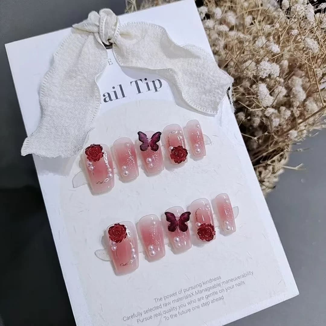 Press On Nails Short Coffin Plum Blush Gradient Floral Design 10 Pieces