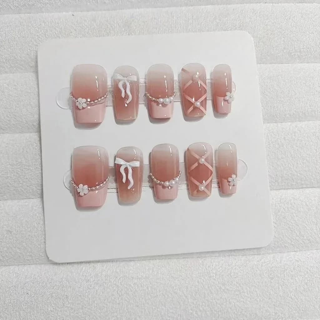 Pink French Tip Press On Nails with Chain Bow Design Short Square