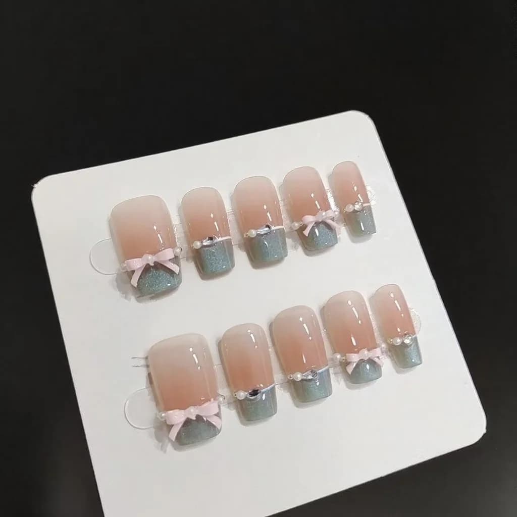 Blue Crystal Pink Butterfly Press-On Nails with Cat Eye French Tip