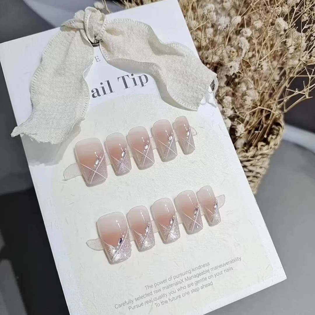 Cat Eye Press-On Nails Short Coffin Blush Pink Sweet Style 10 Pieces