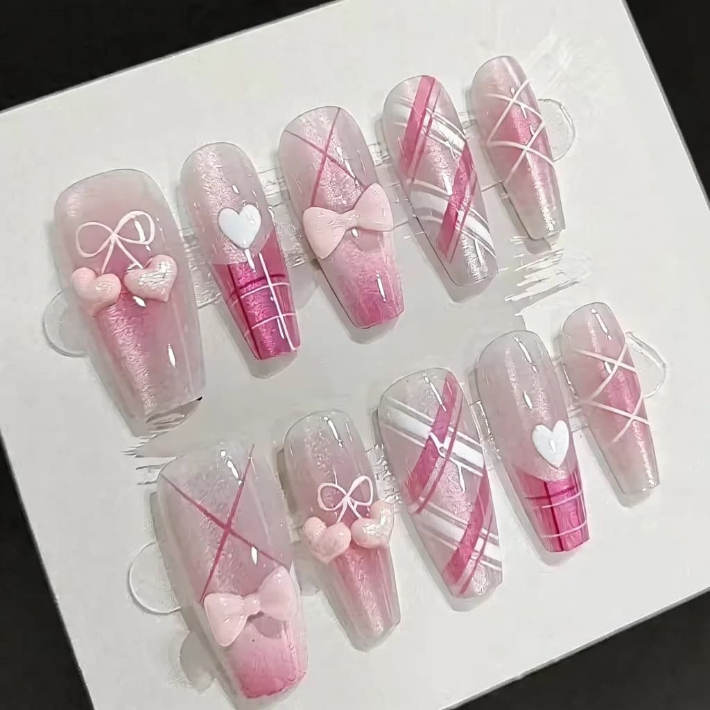 Sweet Pink Press-On Nails with Bows and Hearts, 30 Pieces