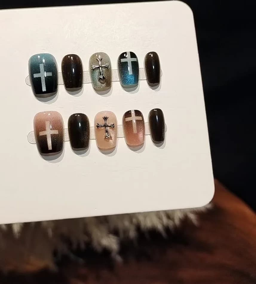 Blue Pink Cat Eye Press On Nails with Glass Beads and Cross Design