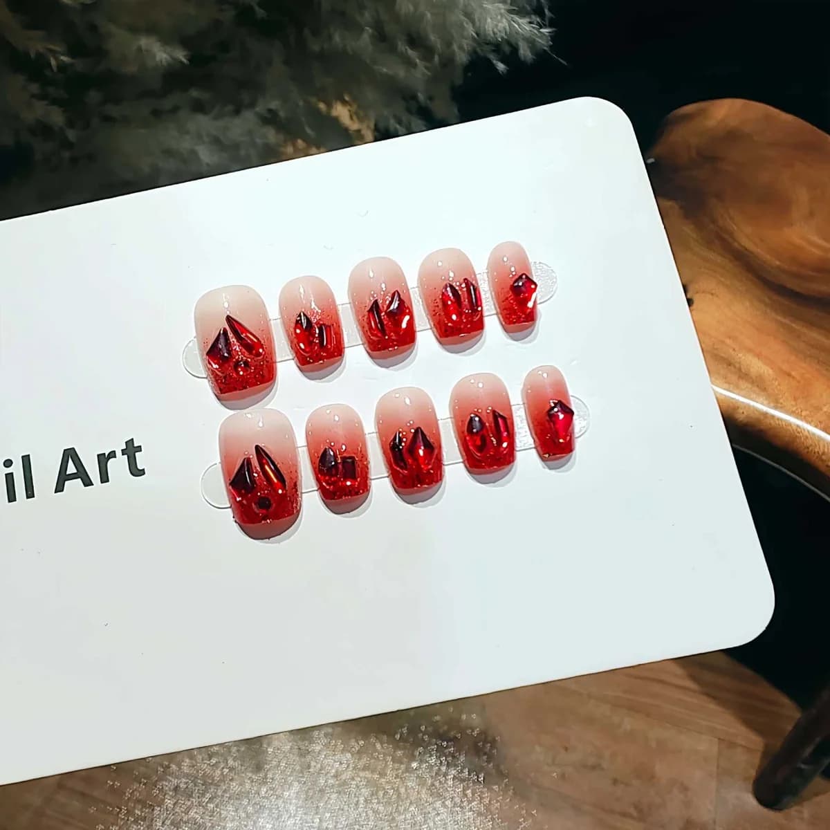Red Gradient Cat Eye Press On Nails Short Ballerina Shape with Rhinestones