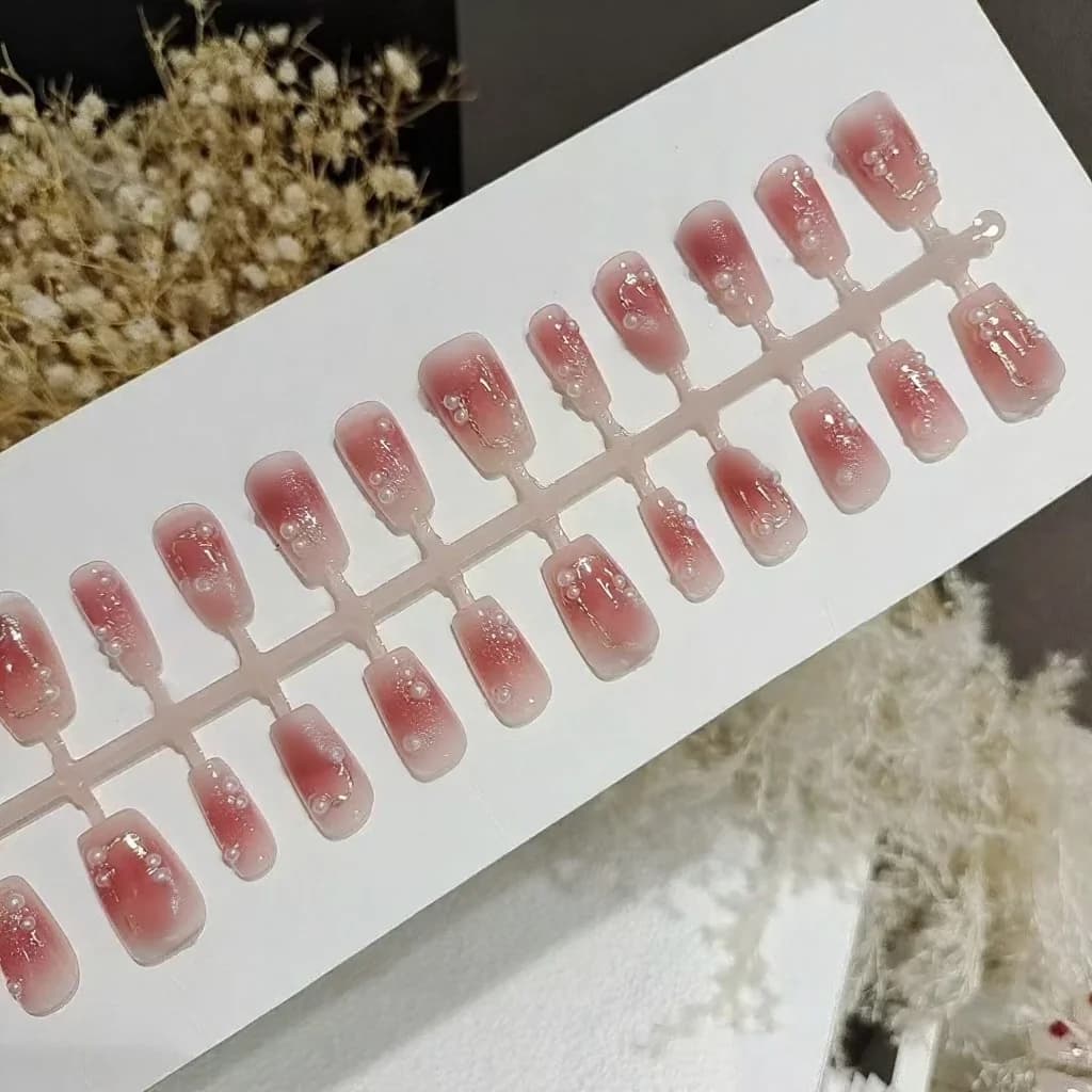 Press-On Nails Short Coffin Plum Blush Floral Butterfly Design 30 Pieces