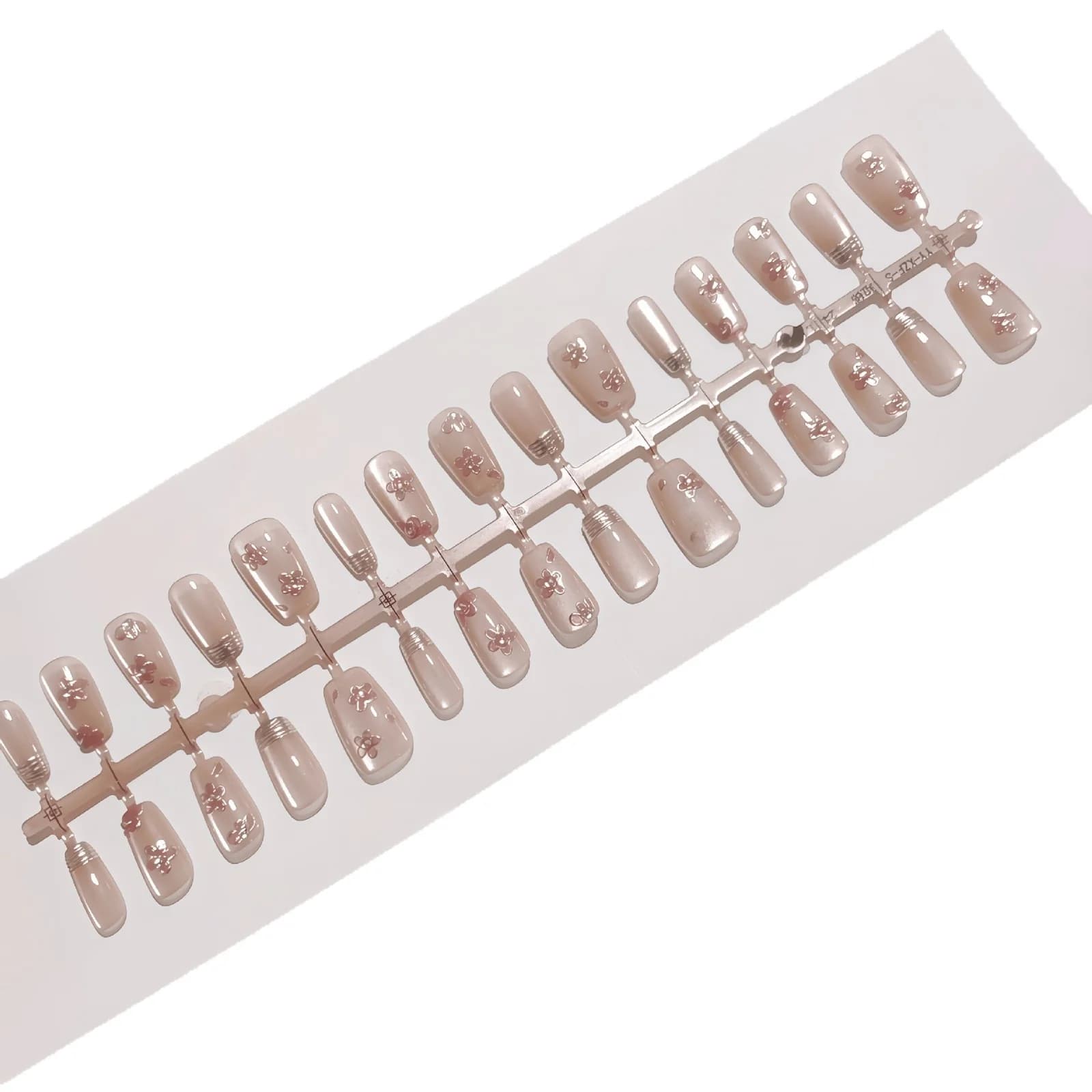 Pink Floral French Tip Press-On Nails with Cat Eye Chrome Finish