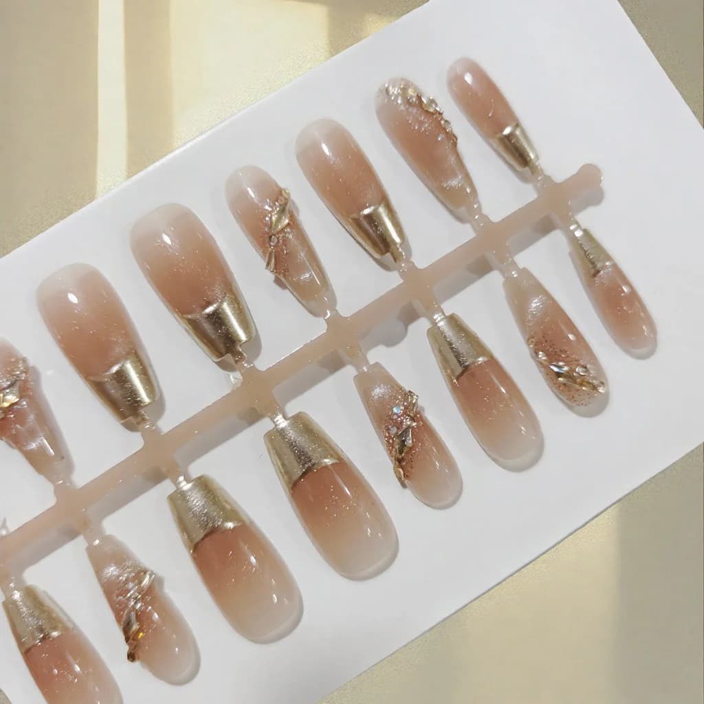 French Tip Press-On Nails with Gold Rim and Glitter, 30 Pieces