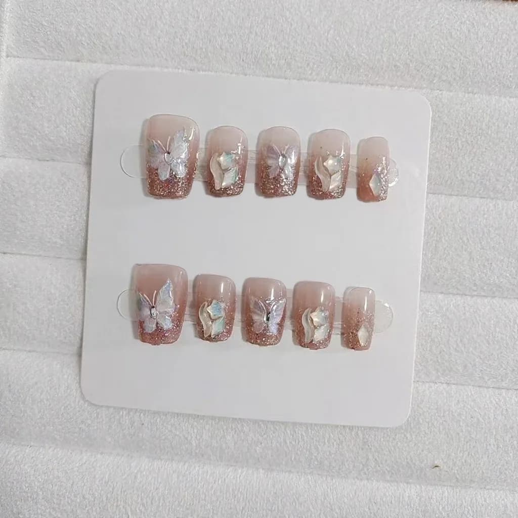 Butterfly Rhinestone Press-On Nails Short Coffin Shape 10 Pcs