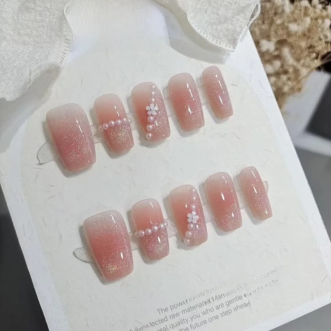 Short Trapezoid Press-On Nails with Rainbow Circles and Pearls, 10 Pieces