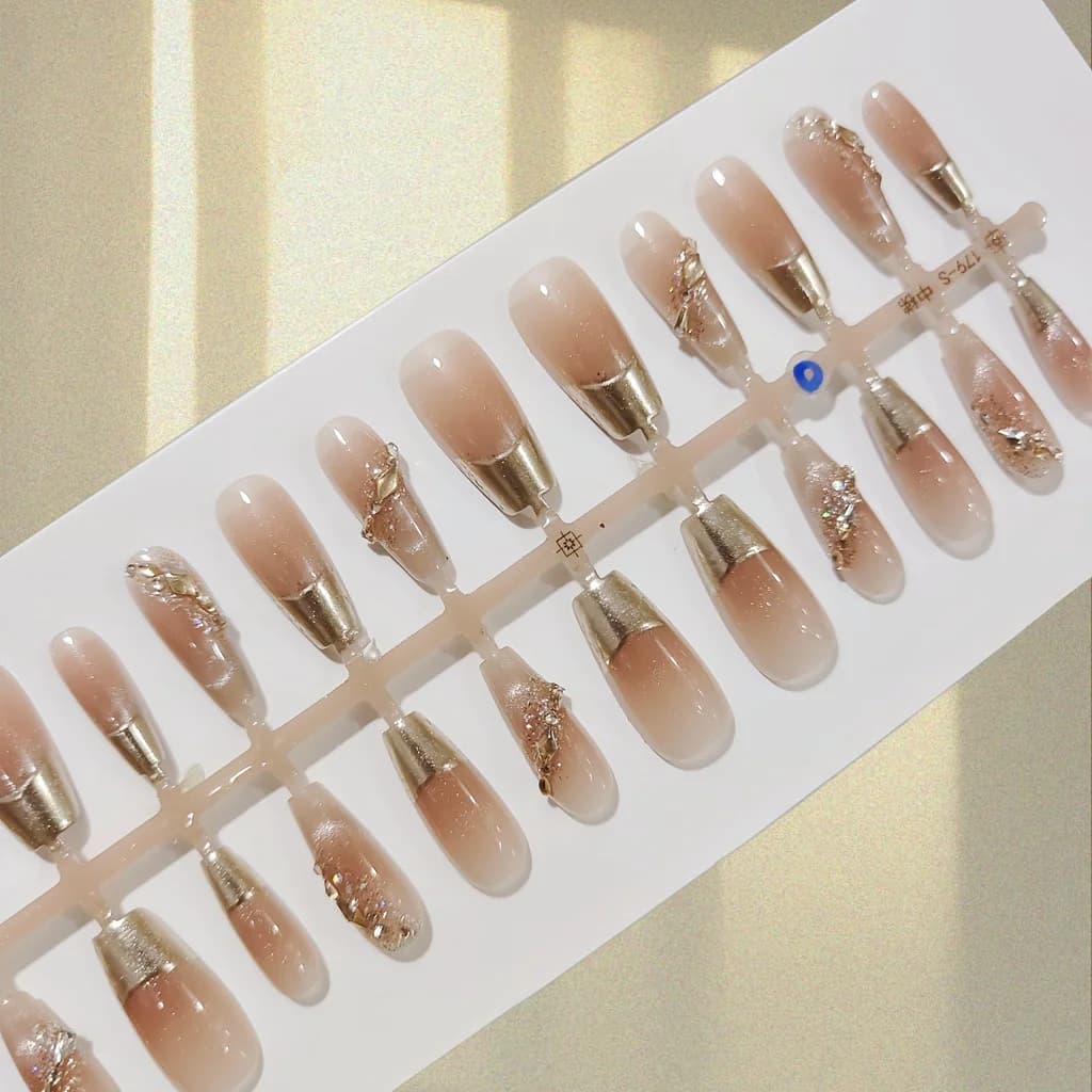 French Tip Press-On Nails with Gold Rim and Glitter, 30 Pieces