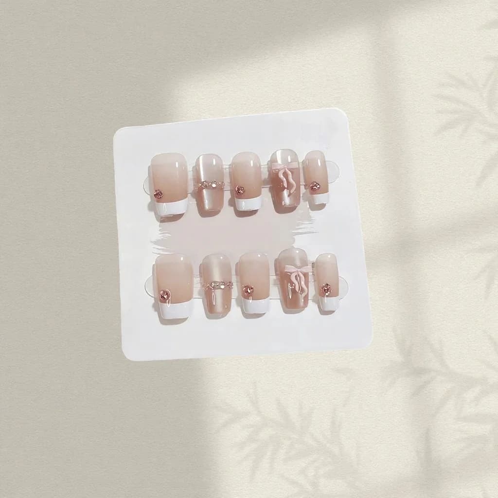 Press-On Nails Pink Bow Short Coffin French Tip Manicure Set
