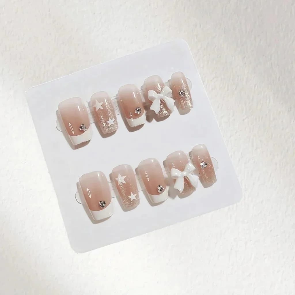 Press-On Nails French Tip with Rhinestones and Bow Design, Short Square Shape