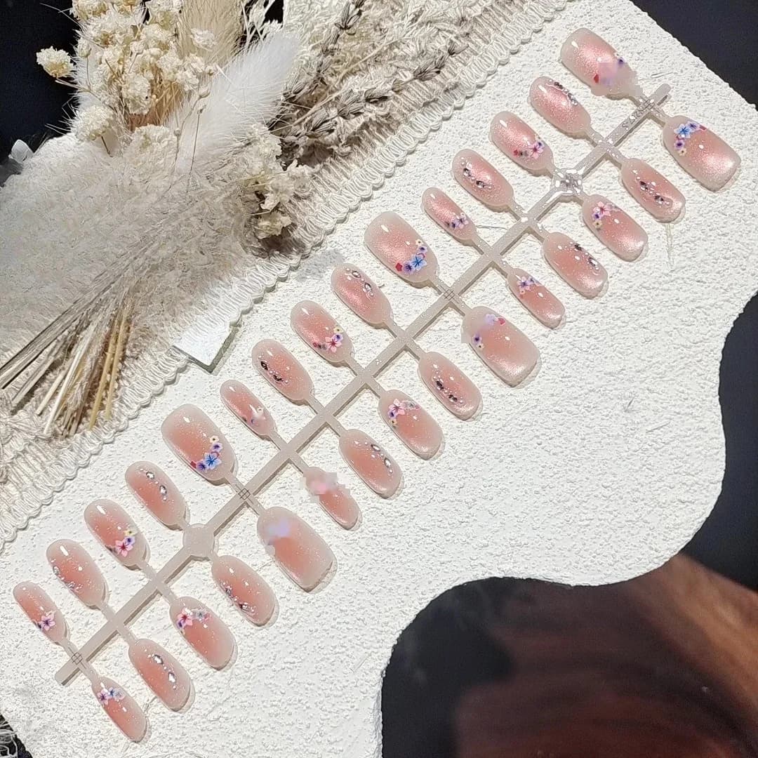 Cherry Blossom Cat Eye Press On Nails with Rhinestones