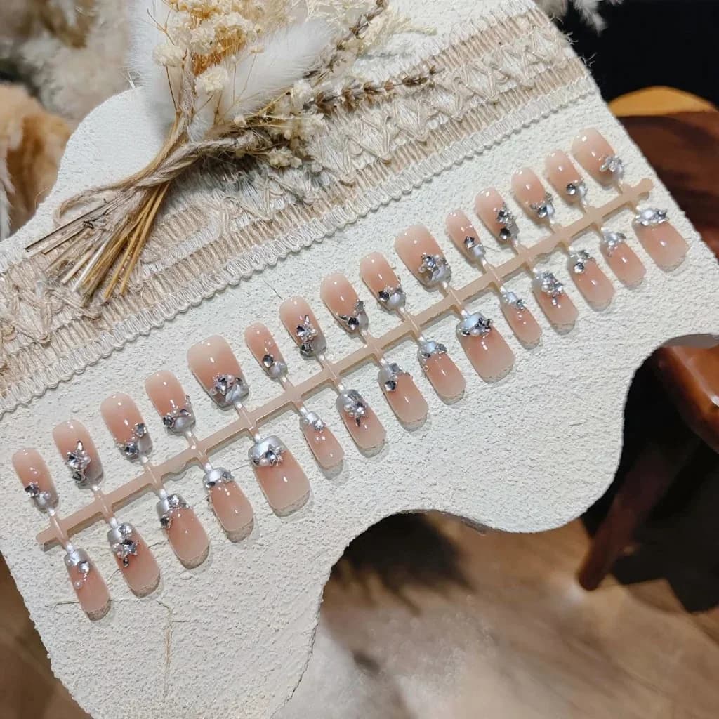 Blue French Tip Press-On Nails with Pearls and Rhinestones