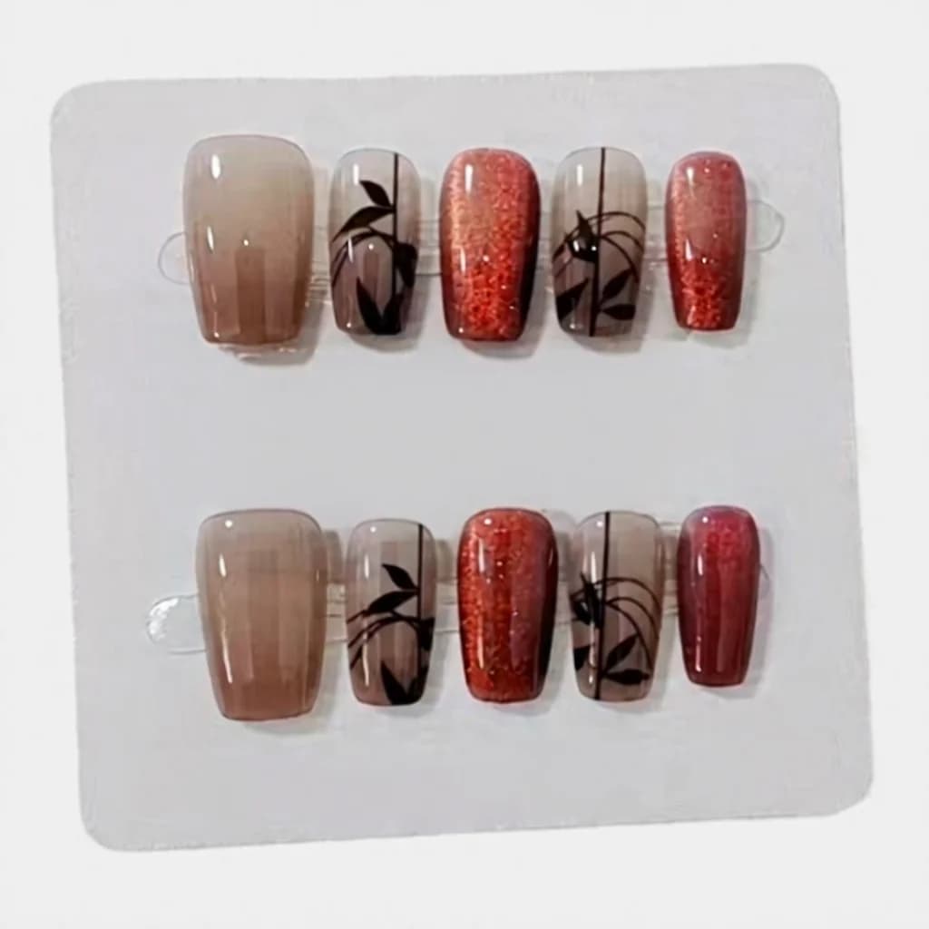Red Bamboo Cat Eye Press On Nails Short Square Glitter