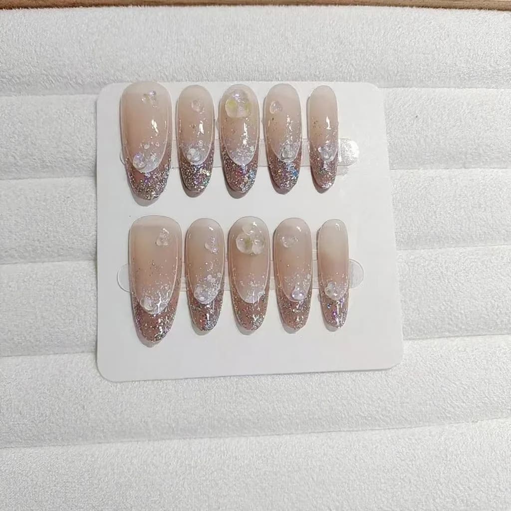 Glitter Halo Press-On Nails Long Oval Shape Reusable False Nails