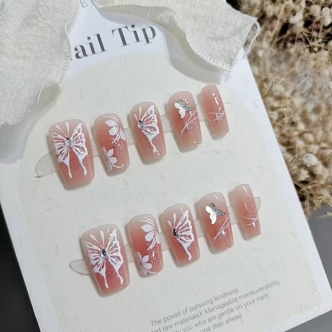 Short Square Press-On Nails with Butterfly French Tip and Glitter