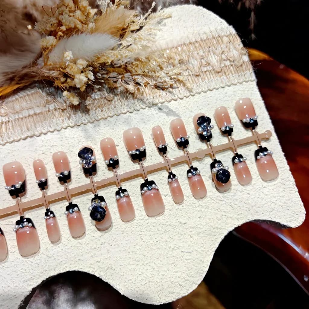 Black Cat Eye Press On Nails with Pearls and Rhinestones