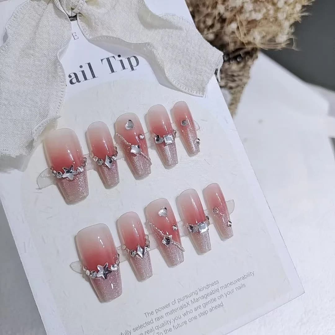 Press-On Nails with Heart Design, Glitter Finish, Medium Coffin Shape