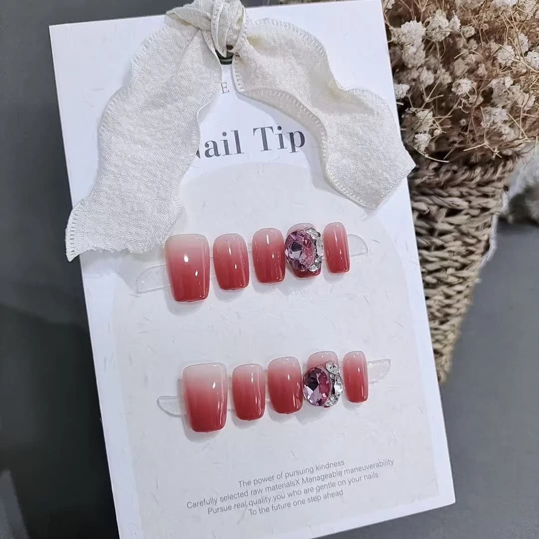 Rose Forest Gradient Press-On Nails with Large Rhinestones, Short Coffin Shape